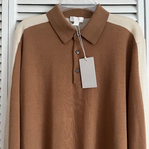 NEW with tags COS knit long sleeve polo shirt brown & beige men’s small rare - Picture 2 of 16